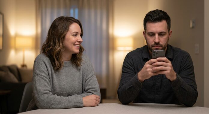 A man looks intently at his smartphone, completely absorbed, while a woman sits opposite him at a dining table, looking toward him with a warm, open expression and a quiet, disconnected gap between them.
