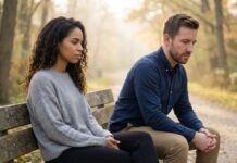 A contemplative couple, featuring a new woman with curly dark hair and a man with a short beard, sitting on opposite ends of a park bench near a quiet path, looking thoughtful during soft morning light.