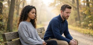 A contemplative couple, featuring a new woman with curly dark hair and a man with a short beard, sitting on opposite ends of a park bench near a quiet path, looking thoughtful during soft morning light.