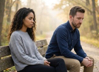 A contemplative couple, featuring a new woman with curly dark hair and a man with a short beard, sitting on opposite ends of a park bench near a quiet path, looking thoughtful during soft morning light.