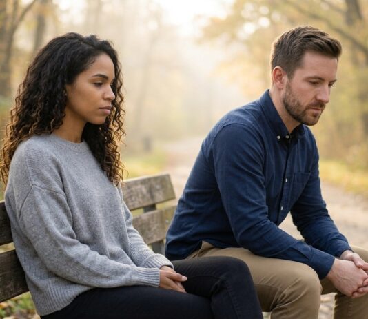 A contemplative couple, featuring a new woman with curly dark hair and a man with a short beard, sitting on opposite ends of a park bench near a quiet path, looking thoughtful during soft morning light.