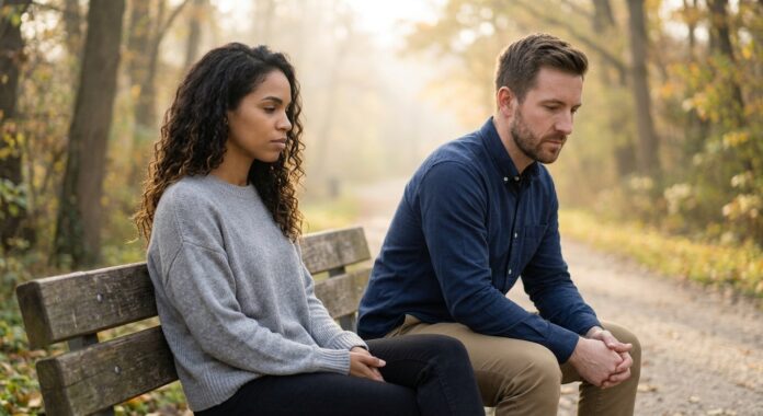A contemplative couple, featuring a new woman with curly dark hair and a man with a short beard, sitting on opposite ends of a park bench near a quiet path, looking thoughtful during soft morning light.