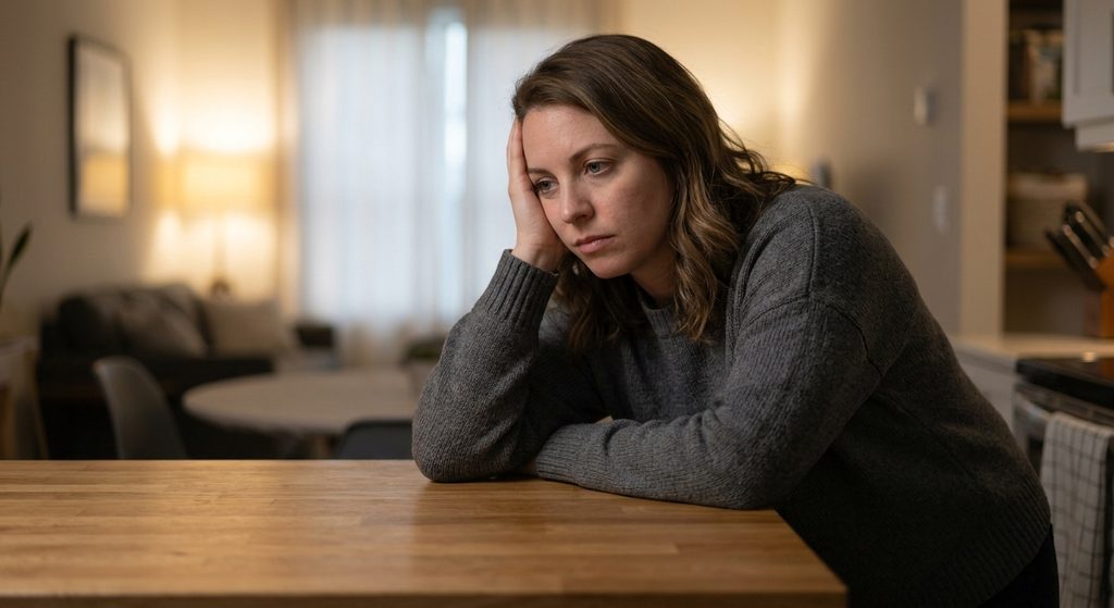 A woman resting her head in her hand at a kitchen counter, showing the exhaustion of carrying a relationship alone.