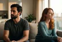The dark-haired man and auburn-haired woman from previous images sitting on opposite ends of a contemporary neutral-toned sofa in warm evening natural light, physically close but emotionally distant, lost in reflection.