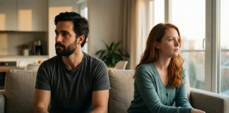 The dark-haired man and auburn-haired woman from previous images sitting on opposite ends of a contemporary neutral-toned sofa in warm evening natural light, physically close but emotionally distant, lost in reflection.