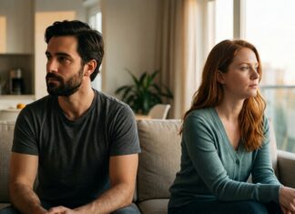 The dark-haired man and auburn-haired woman from previous images sitting on opposite ends of a contemporary neutral-toned sofa in warm evening natural light, physically close but emotionally distant, lost in reflection.
