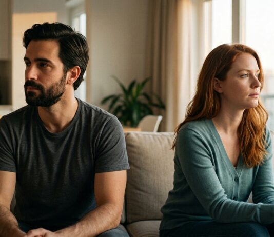 The dark-haired man and auburn-haired woman from previous images sitting on opposite ends of a contemporary neutral-toned sofa in warm evening natural light, physically close but emotionally distant, lost in reflection.