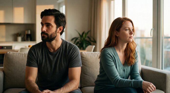The dark-haired man and auburn-haired woman from previous images sitting on opposite ends of a contemporary neutral-toned sofa in warm evening natural light, physically close but emotionally distant, lost in reflection.