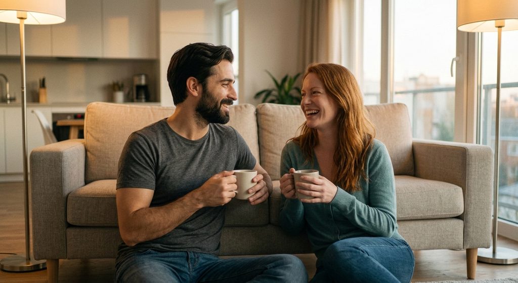 The established couple from previous images sitting on the floor leaning against their sofa in warm ambient evening artificial light, holding mugs and laughing during an intimate, low-pressure conversation, reestablishing connection.