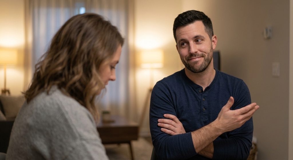 A man crossing his arms and using lighthearted deflections during a deep conversation.