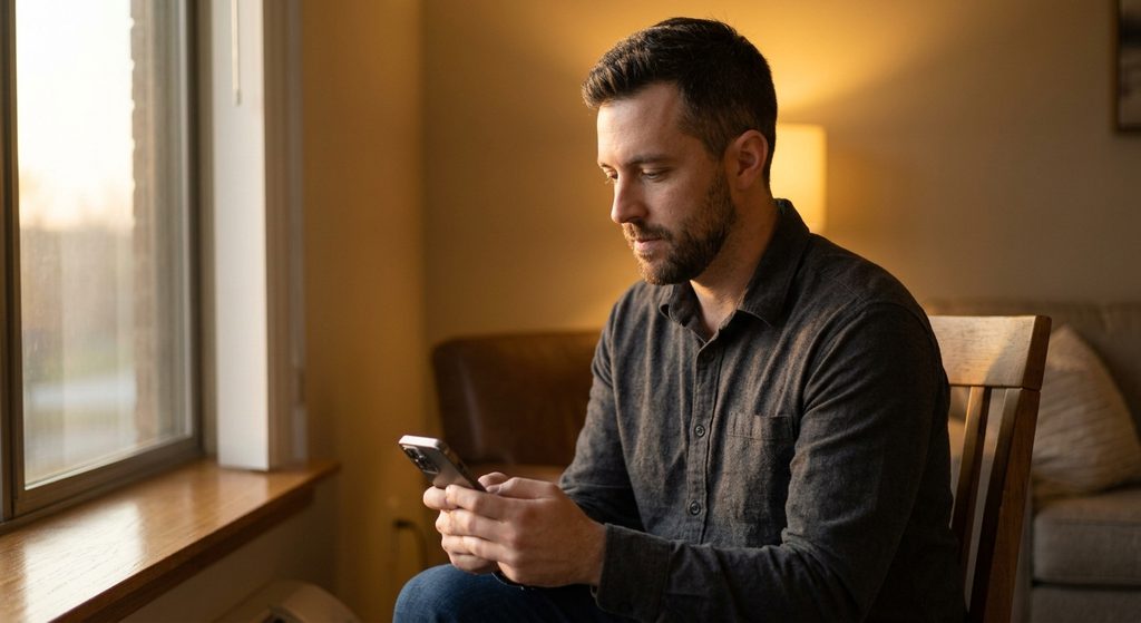A man calmly reading his phone, responding with secure composure instead of panic.