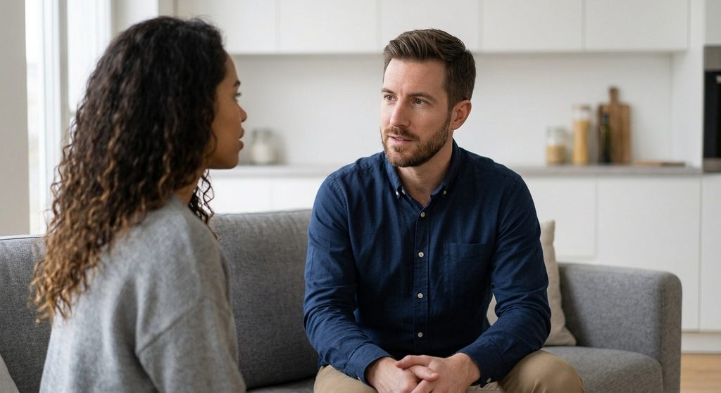 Sitting on a grey sofa and listening intently with a secure, non-defensive, and open posture, embodying mutual accountability in soft morning light.