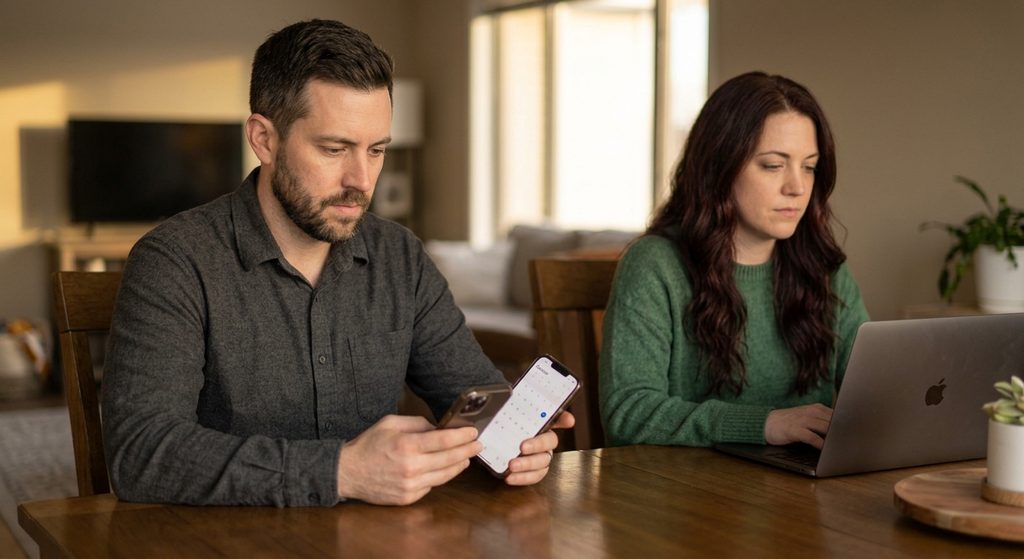A man looking at his calendar on his phone while his partner stays focused on her laptop.
