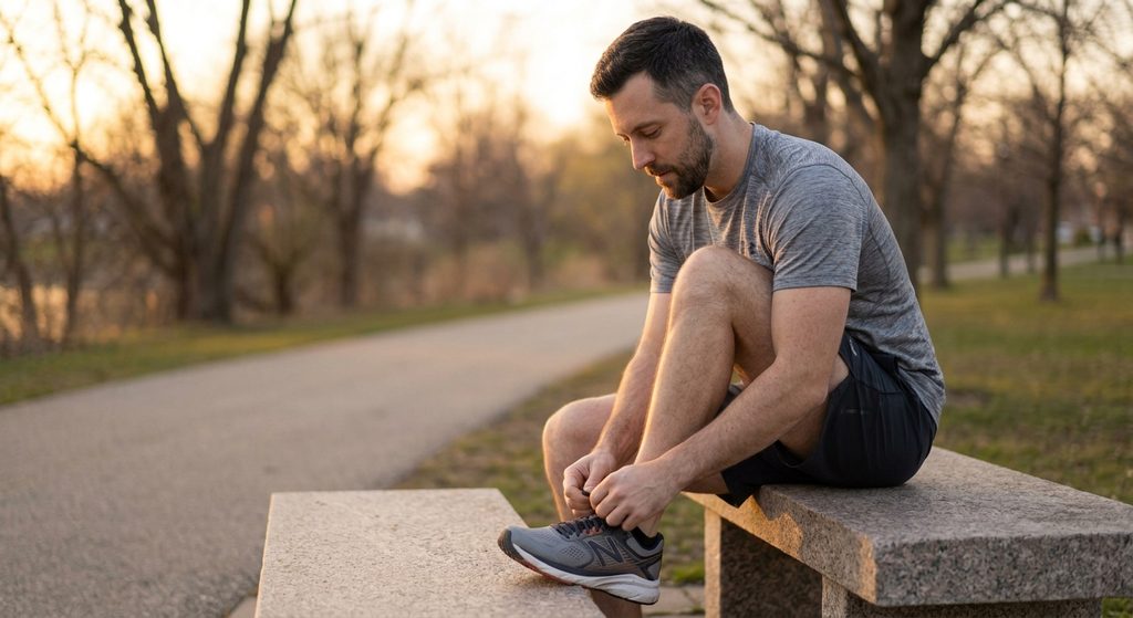 A man tying his running shoes outside, redirecting energy toward personal growth and self-care.
