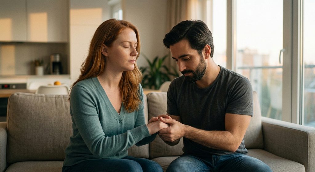 A close-up photograph of the established couple sitting on their sofa in soft evening natural light; the woman has her eyes closed calmly, and the man is gently holding her right hand with both of his, looking down with deep affection.