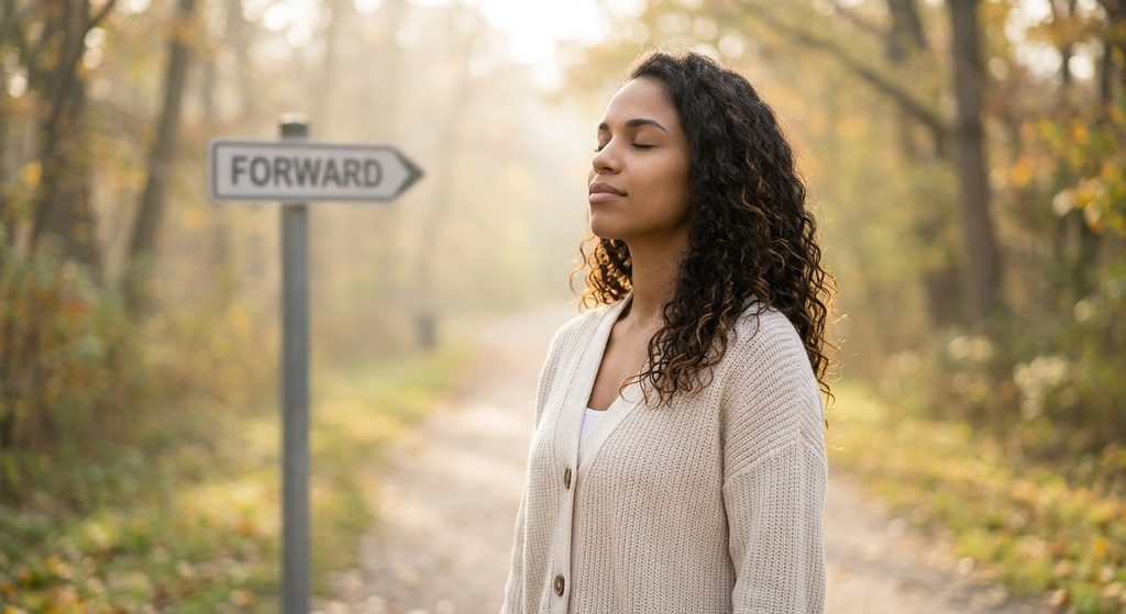 A calm person standing on a nature path, representing decision clarity and emotional closure.