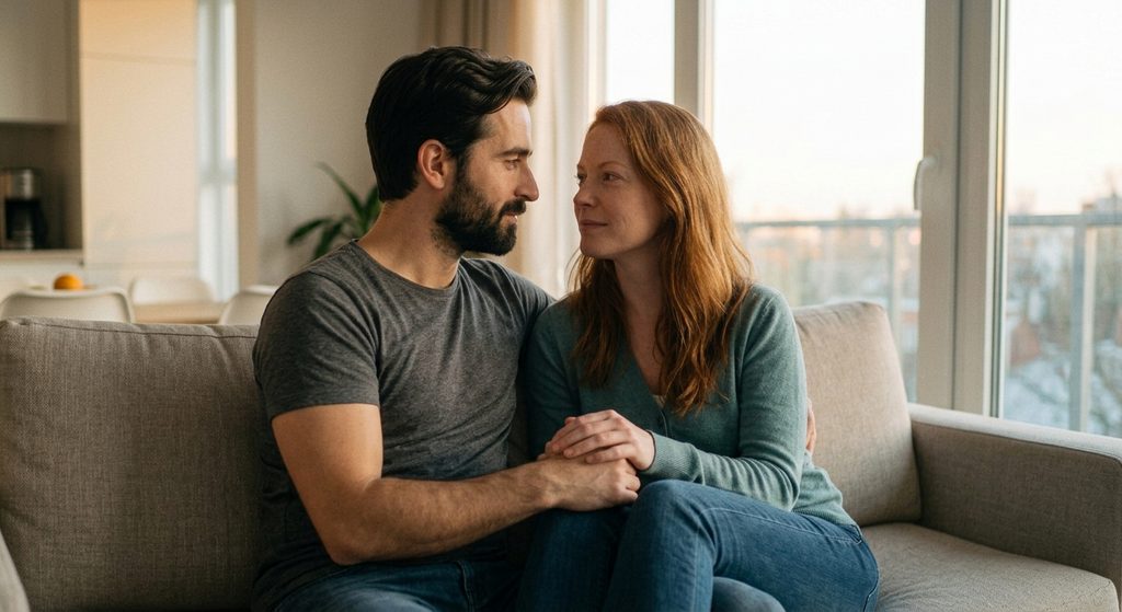 An intimate photograph of the reconnected couple from previous images, sitting very closely on their sofa in warm, soft evening natural light; they are intertwined, holding hands and sharing a tender moment of secure connection.