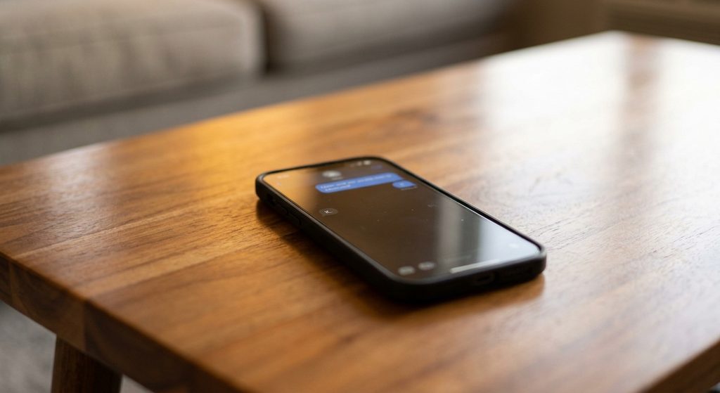 A smartphone on a table showing a short one-word text response, illustrating a drop in communication effort.