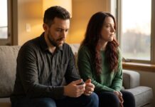 A couple sits on a modern living room couch, physically close but emotionally disconnected—the woman with auburn hair looks thoughtfully out the window while the man looks down with a worried expression, in warm evening light.