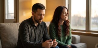 A couple sits on a modern living room couch, physically close but emotionally disconnected—the woman with auburn hair looks thoughtfully out the window while the man looks down with a worried expression, in warm evening light.