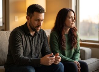 A couple sits on a modern living room couch, physically close but emotionally disconnected—the woman with auburn hair looks thoughtfully out the window while the man looks down with a worried expression, in warm evening light.