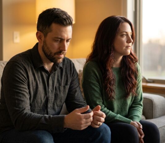 A couple sits on a modern living room couch, physically close but emotionally disconnected—the woman with auburn hair looks thoughtfully out the window while the man looks down with a worried expression, in warm evening light.
