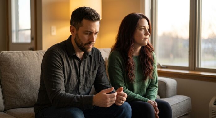A couple sits on a modern living room couch, physically close but emotionally disconnected—the woman with auburn hair looks thoughtfully out the window while the man looks down with a worried expression, in warm evening light.