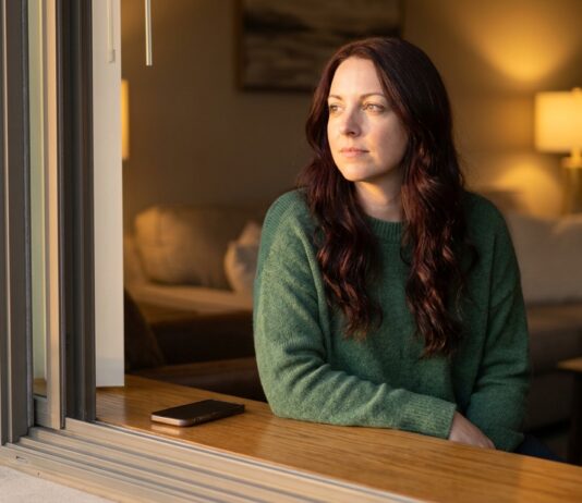 A thoughtful woman with long auburn hair and a forest-green sweater sits on a window sill looking outside during golden hour, lost in reflection, while her phone rests face down beside her.