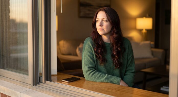 A thoughtful woman with long auburn hair and a forest-green sweater sits on a window sill looking outside during golden hour, lost in reflection, while her phone rests face down beside her.
