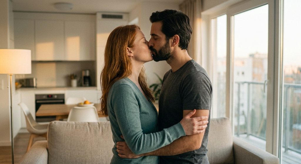 The established couple from previous images embracing tenderly in their living room, sharing a deep kiss that lasts at least six seconds in warm evening light, illustrating an actionable reconnection micro-moment.