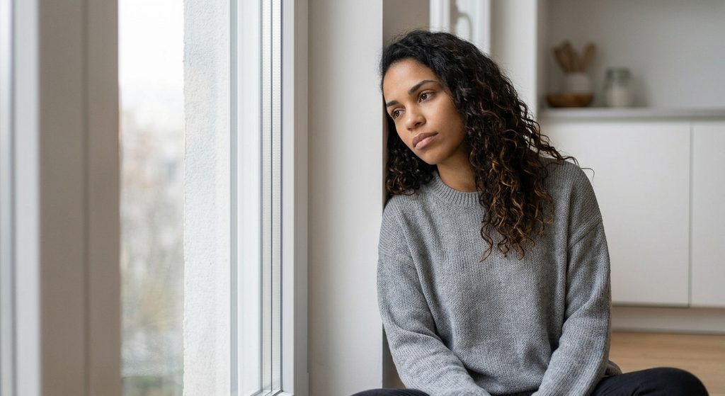 A close-up photograph set indoors in a minimalist apartment. The woman with curly dark hair from image_116.png is leaning her head heavily against a window pane, looking out with a distant, emotionally drained expression, illustrating deep relationship fatigue in soft morning light.