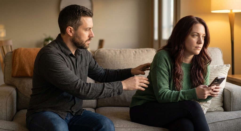 A woman leaning away on the couch, creating physical distance during a moment together.