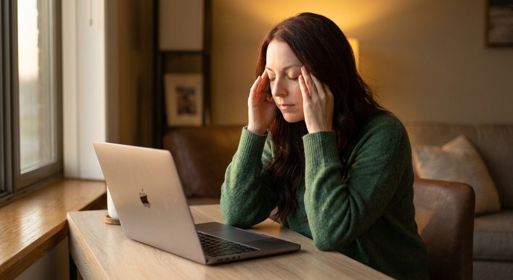 A woman taking a moment to breathe at her desk, experiencing emotional burnout.