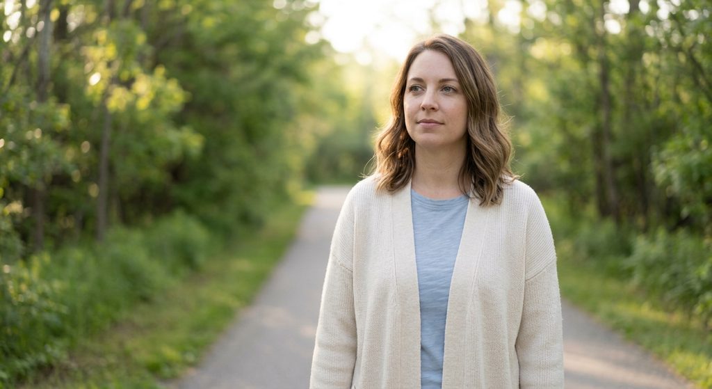 The woman, matching the subject in previous images, with shoulder-length brown hair and a cream-colored cardigan, walking along a quiet path outdoors with sunlight filtering through; she looks calm, grounded, and confident, embodying self-reliance.